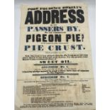 A vintage poster for "Prudence Homely's address to all passers by" 75cm x 50cm