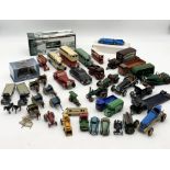A collection of various die-cast cars, buses, vehicles and lead figures including Dinky, Matchbox,