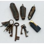 A small collection of vintage penknives, keys and a Dunhill lighter in leather case marked to base