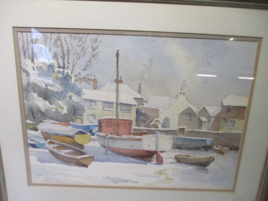 Two watercolour paintings of harbour scenes, one signed Pickard & the other signed Rue. - Image 7 of 8