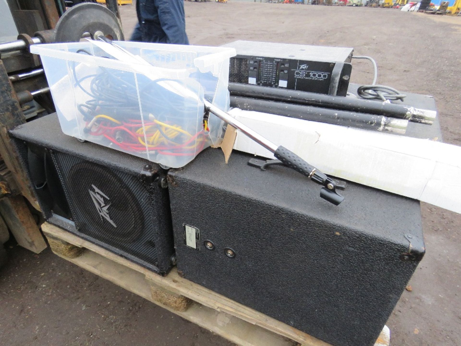 PUBLIC ADDRESS SYSTEM WITH 2 X MICROPHONES, CABLE, 4 X SPEAKERS AND A MIXER DECK.