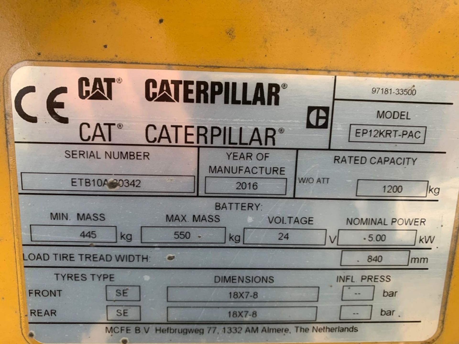 CATERPILLAR EP12KRT-PAC BATTERY FORKLIFT TRUCK, YEAR 2016 BUILD. 1.2 TONNE RATED. WHEN TESTED WAS S - Image 7 of 17