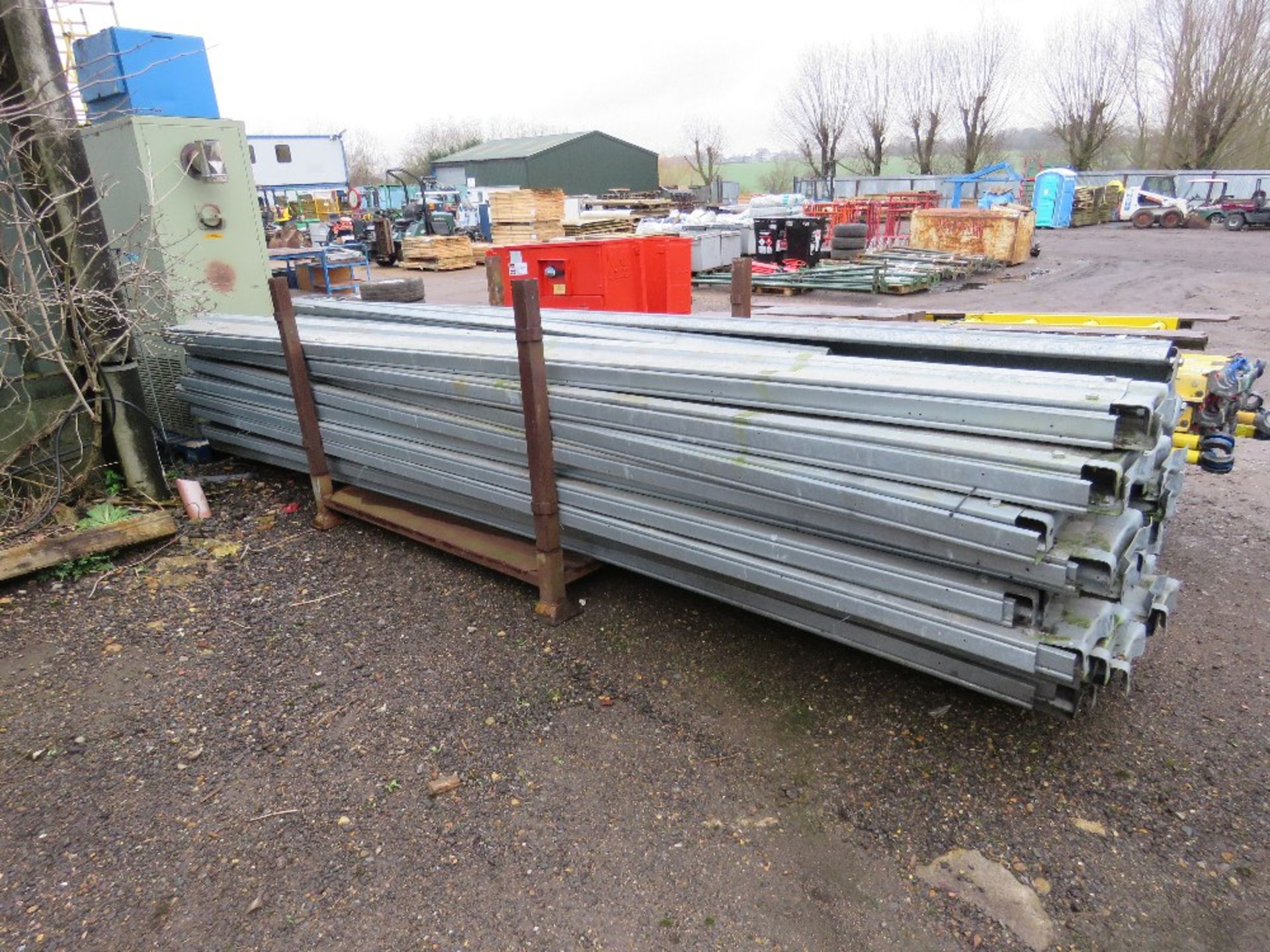 STILLAGE CONTAINING APPROXIMATELY 32 X GALVANISED C SECTION PURLINS FOR MEZZANINE FLOOR OR SIMILAR,