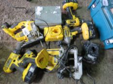 6 X ASSORTED DEWALT BATTERY TOOLS PLUS 2 X CHARGERS AND 2 X HOLE CUTTING SETS.