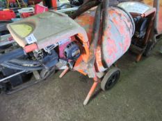 BELLE PETROL CEMENT MIXER WITH STAND. WHEN TESTED WAS SEEN TO RUN AND DRUM TURNED.