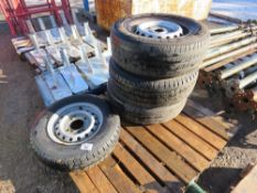 3 X TRANSIT WHEELS AND TYRES PLUS A TRAILER WHEEL AND TYRE. DIRECT FROM LOCAL COMPANY DUE TO CLOSURE