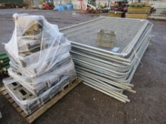 26 X HERAS TYPE TEMPORARY SITE FENCE PANELS WITH A PALLET OF BLOCKS AND BIN OF CLIPS.