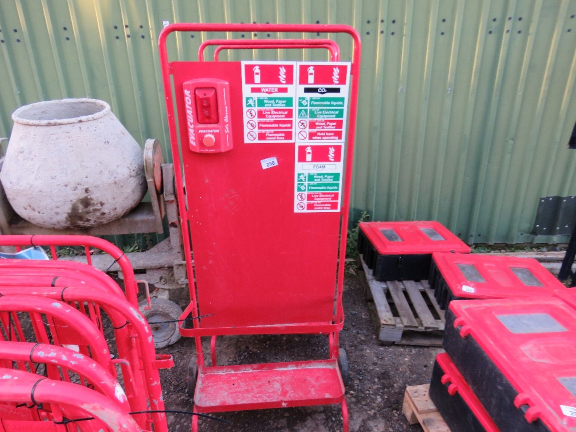 3 X FIRE SAFETY STATIONS WITH ALARMS, ON TROLLEYS.