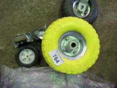 3 X YELLOW BARROW WHEELS PLUS 3 X CASTOR WHEELS.