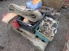 PALLET OF LIFTING SLINGS AND STRAPS, UNTESTED.