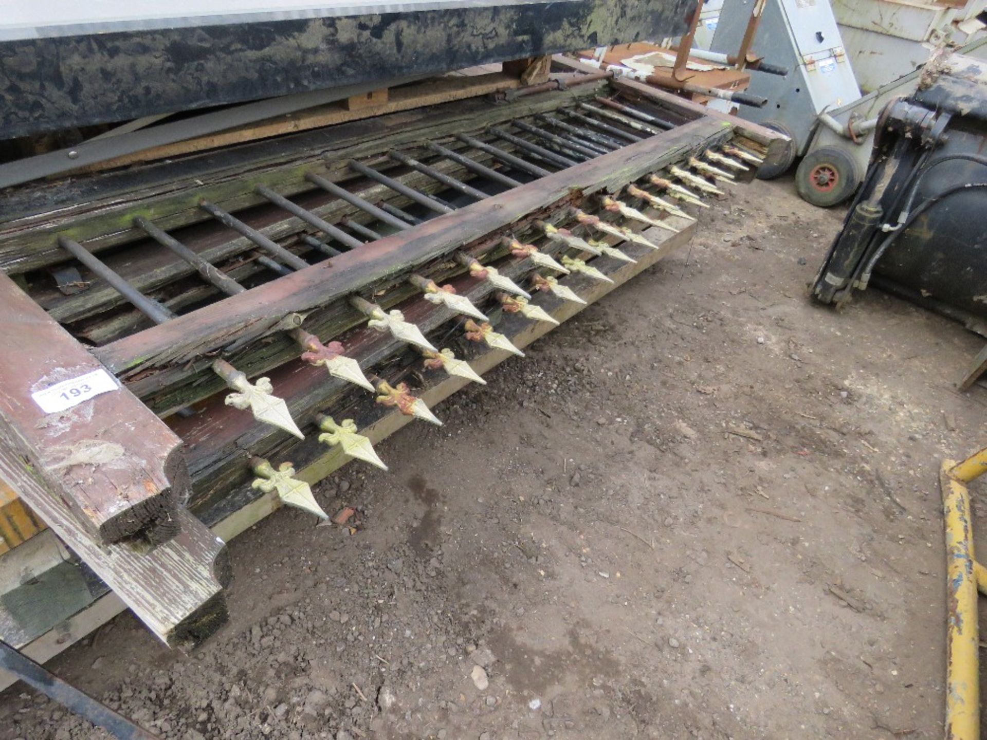 PAIR OF ORNATE SPIKE TOPPED WOODEN GATES FOR RESTORATION, 12FT OPENING APPROX.