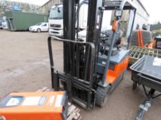 TOYOTA BATTERY FORKLIFT WITH CHARGER, YEAR 2003. WITH KEY. TYPE 7FBEF15. NO CHARGE SHOWING, THEREFOR