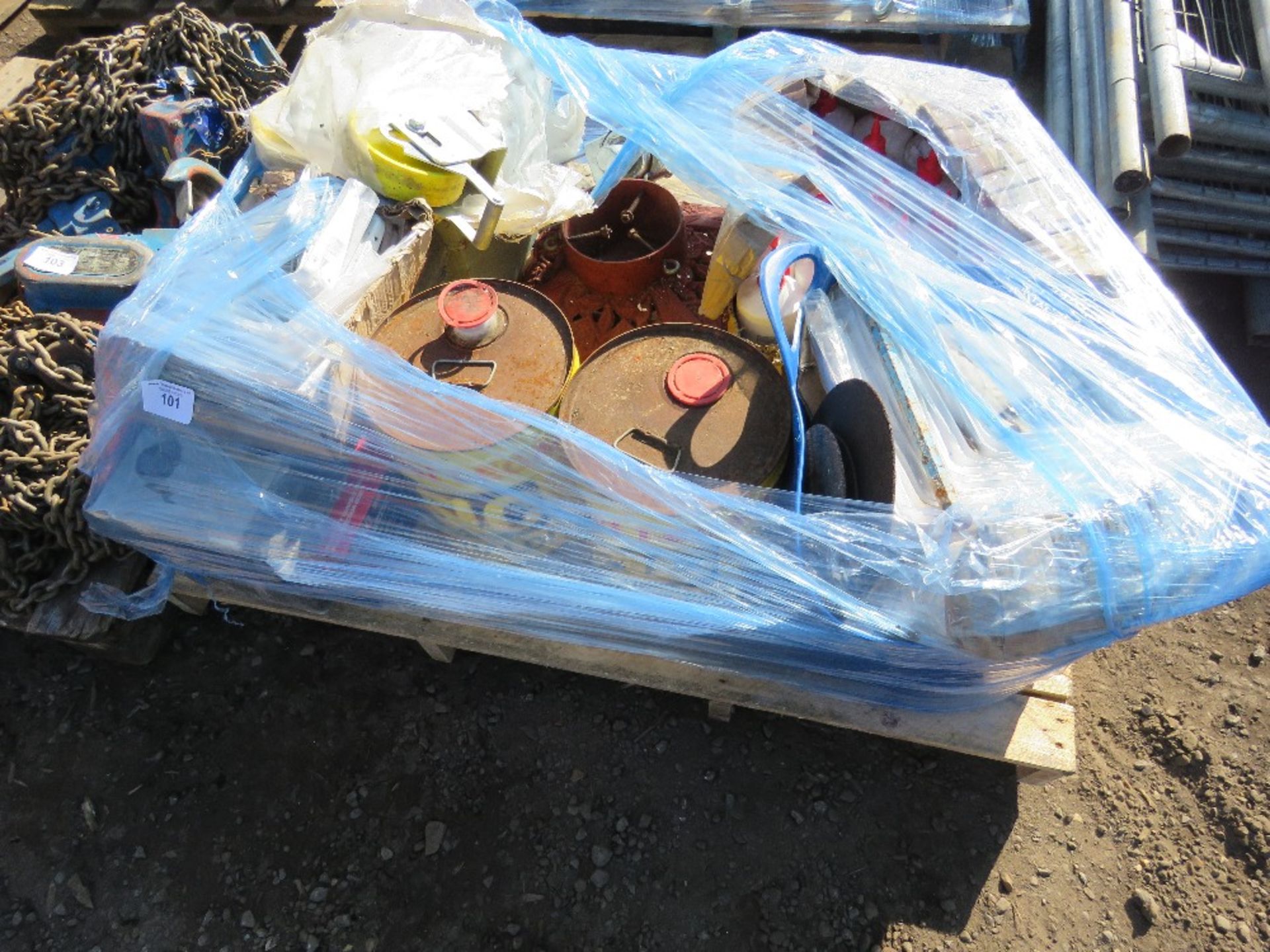 PALLET OF GLUES AND OTHER CONSTRUCTION RELATED ITEMS.