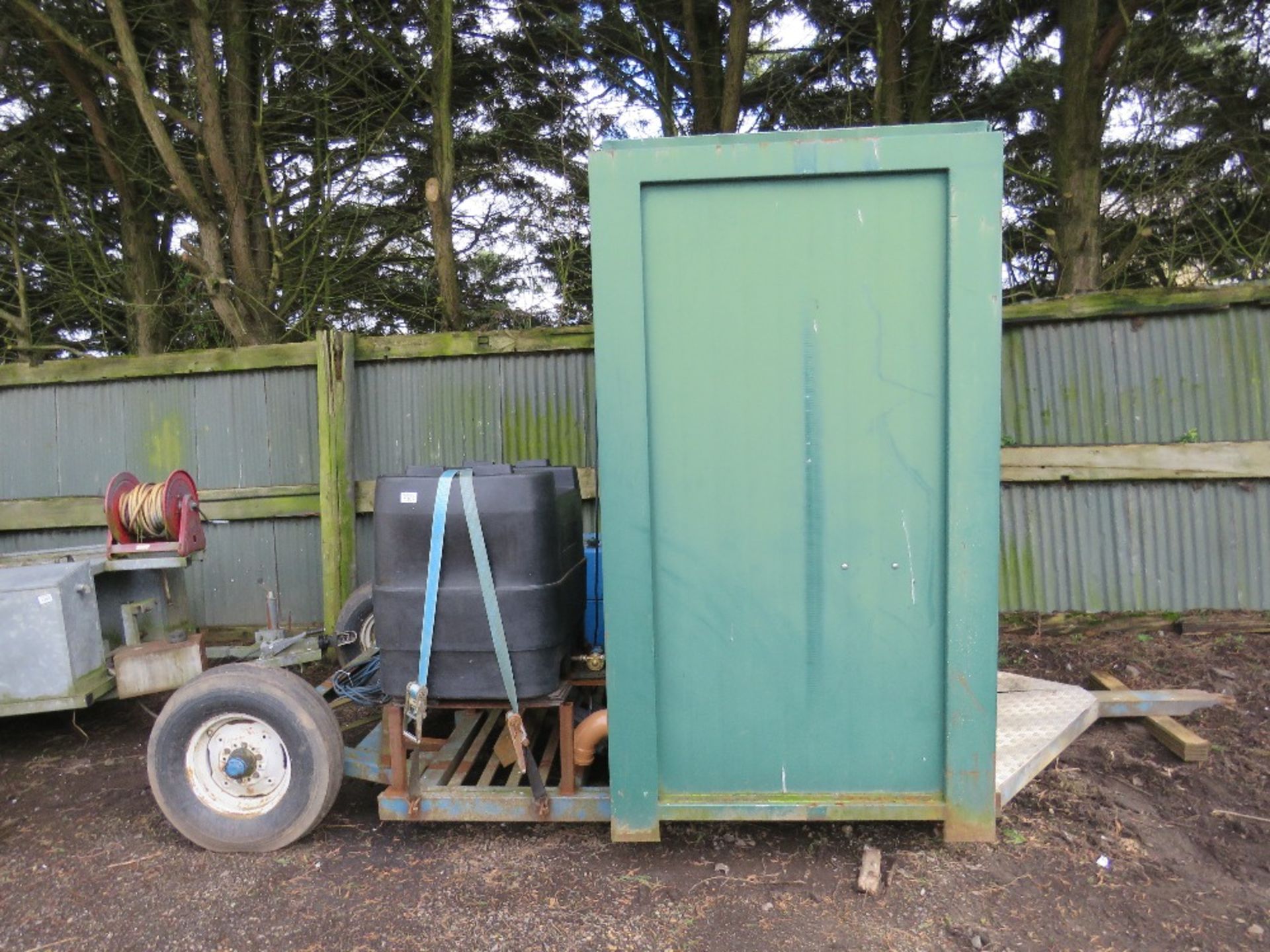 TOWED SHOWER AND TOILET UNIT WITH GENERATOR AND WATER TANK FITTED ON A SITE TOWED TRAILER.