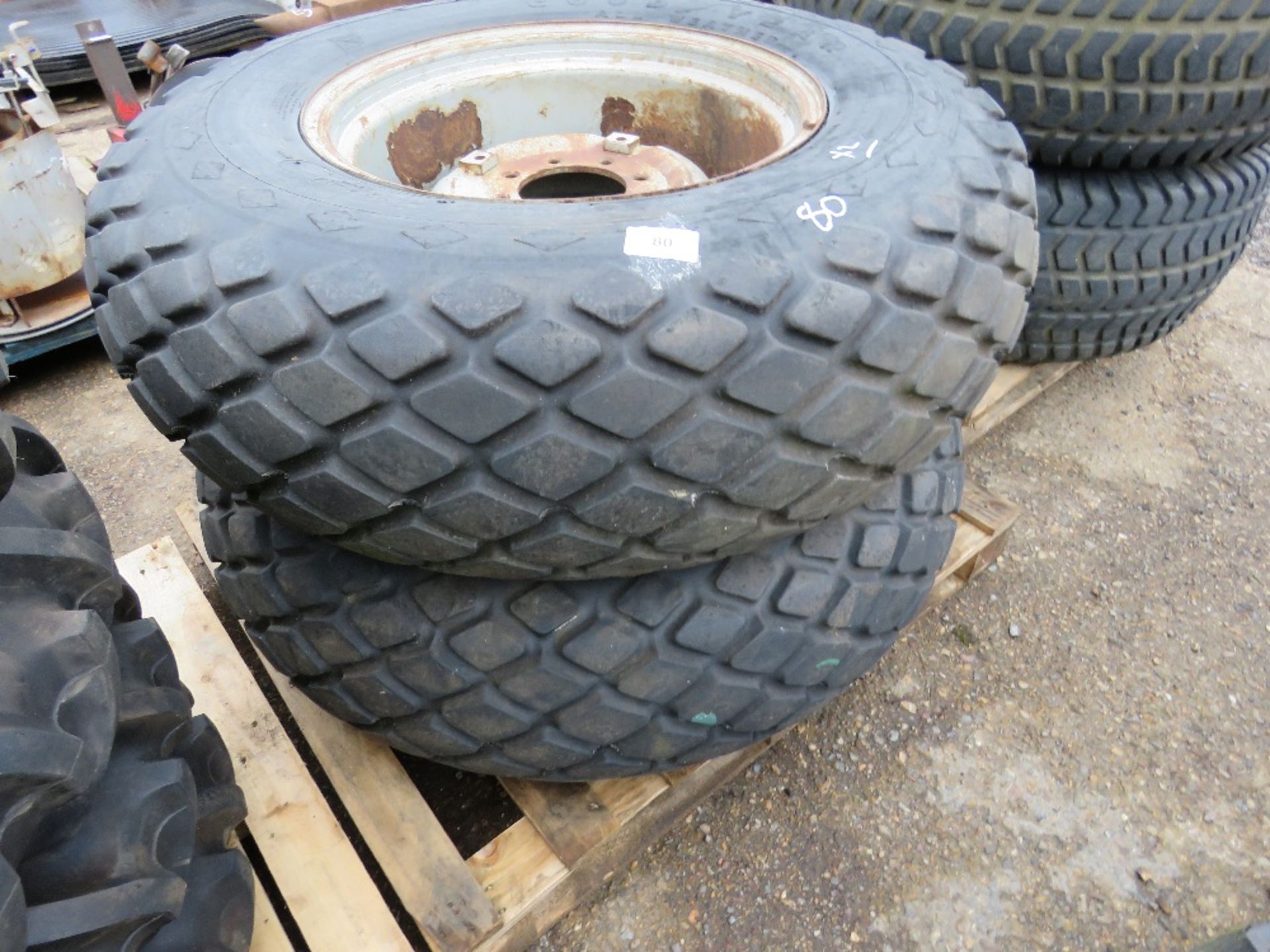 2 X WHEEL AND TYRES, GOODYEAR GRASS TREAD PATTERN SIZE 14.9-24 FOR COMPACT TRACTOR.