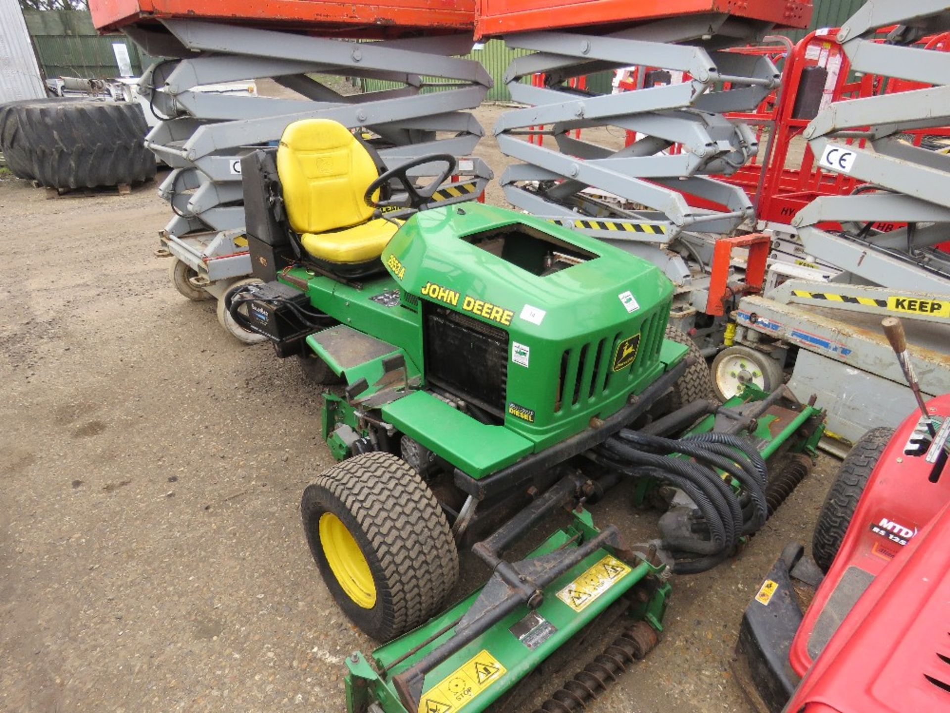 JOHN DEERE 2653A TRIPLE DIESEL ENGINED RIDE ON MOWER, 2305 REC HRS. WHEN TESTED WAS SEEN TO DRIVE, A