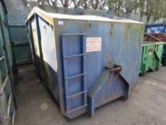 BLUE HOOK LOADER BIN PREVIOUSLY USED ON A 7.5TONNE TRUCK. 12FT LENGTH APPROX, 2.2M MAXIMUM HEIGHT AP