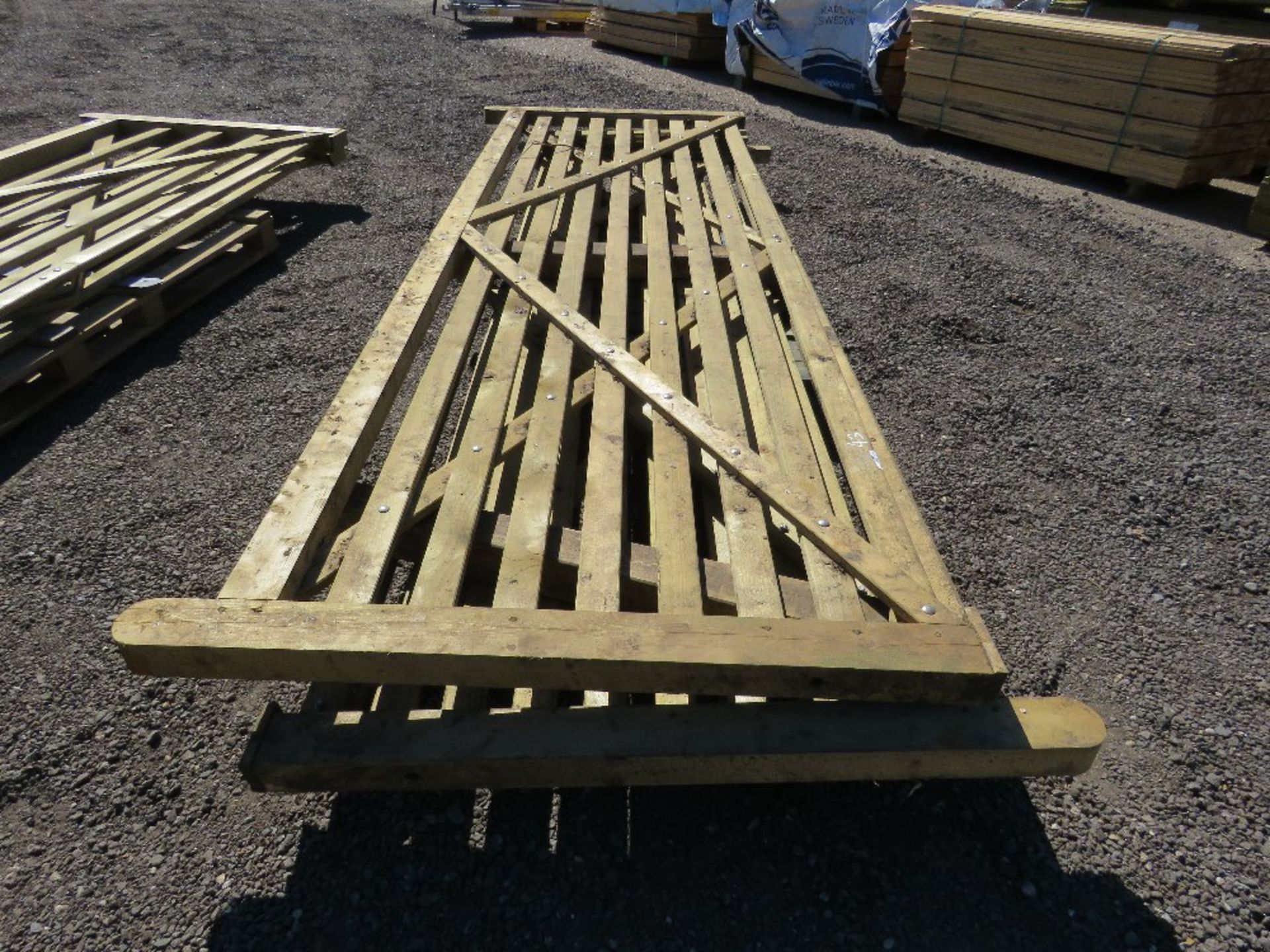 2 X WOODEN FIELD GATES, 3.6M WIDTH APPROX.(ONE HAS A DAMAGED SIDE RAIL AT THE BOTTOM)