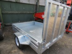 GALVANISED SINGLE AXLED TIPPING TRAILER WITH A RAMP, 7FT X 5FT APPROX, UNUSED.