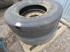 1 X WHEEL AND TYRE AND A TYRE FOR LORRY, 315/80R22.5. GOOD TREAD.