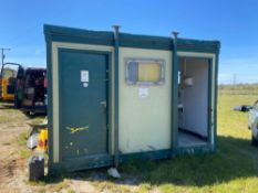 JACKLEGGED PORTABLE TOILET, 3.7M X2.6M APPROX. GENTS HAS 2 CUBICLES PLUS A URINAL AND 2 BASINS. LADI