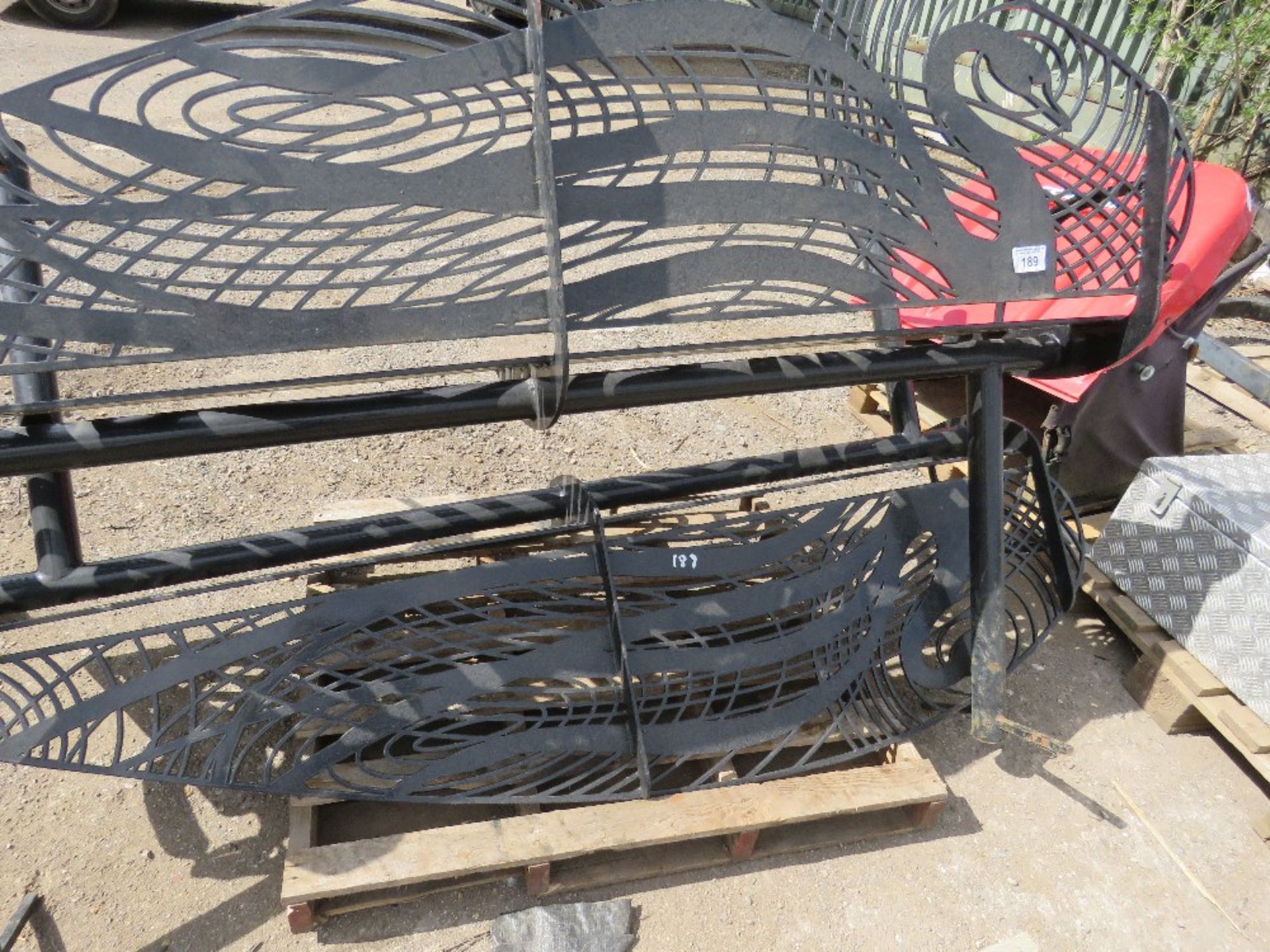 2 X HEAVY DUTY LASER CUT DECORATIVE STEEL BENCHES DEPICTING SWANS. NEVER INSTALLED. 2M WIDE APPROX.