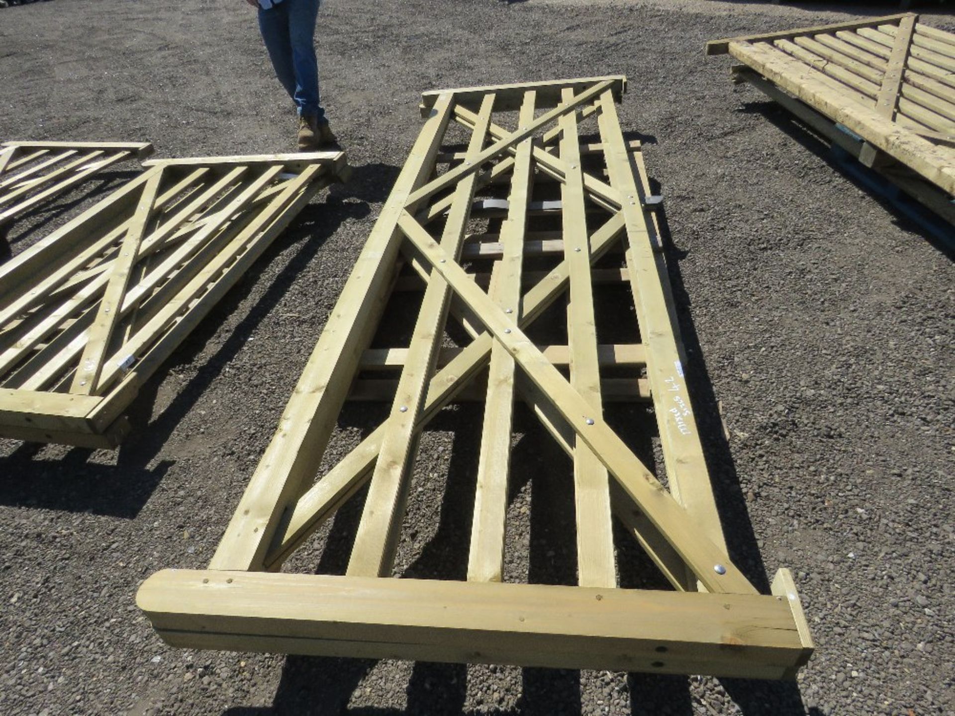 2 X WOODEN FIELD GATES, 3.6M WIDTH APPROX.