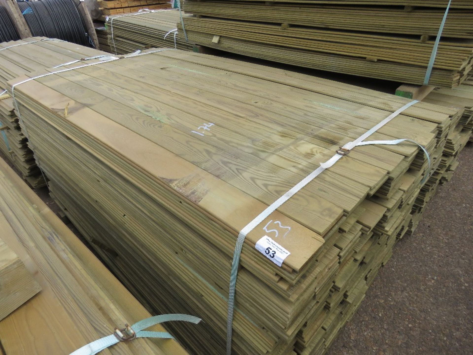 LARGE PACK FLAT MACHINED FINISH CLADDING TIMBER BOARDS 1.74M X 9.5CM APPROX, PRESSURE TREATED.