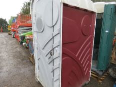RED PORTABLE SITE TOILET WITH SANITISER STATION.