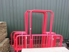 9 X RED WALKWAY BAARRIERS, 2 HAVE HINGED GATES ATTACHED. NO VAT ON HAMMER PRICE.