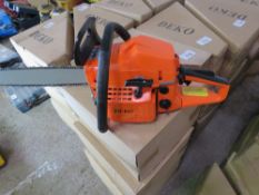 3 X DEKO PETROL ENGINED CHAINSAWS, IN BOXES, UNUSED. NO VAT ON HAMMER PRICE.