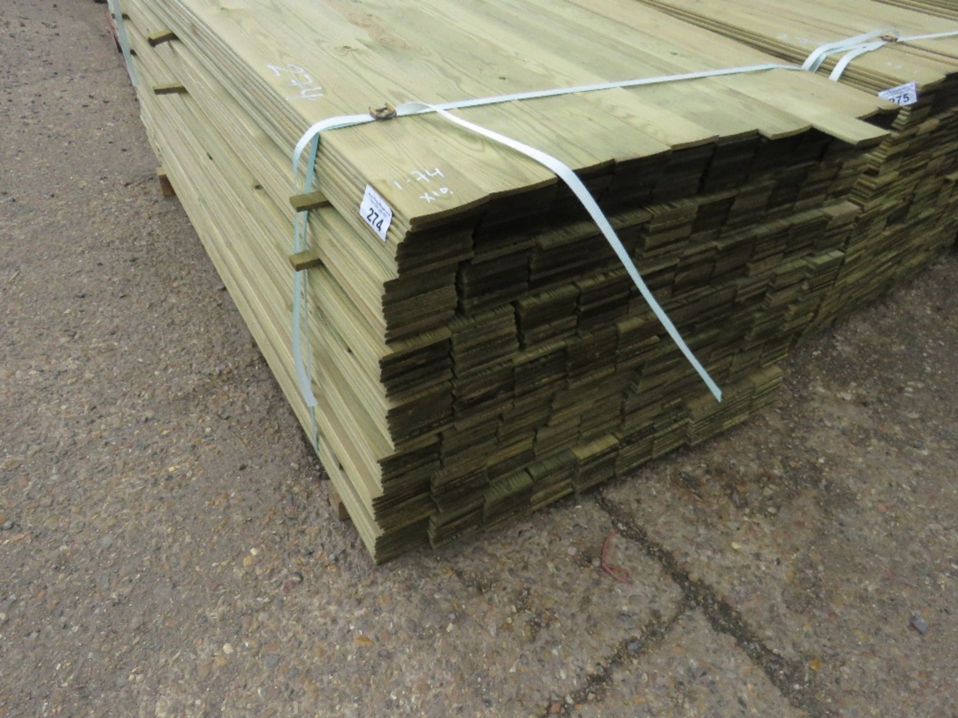 LARGE PACK OF MACHINED HIT AND MISS FENCE BOARDS, PRESSURE TREATED. 1.74M X 10CM APPROX.