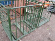 2 X GREEN PAINTED METAL STILLAGES.