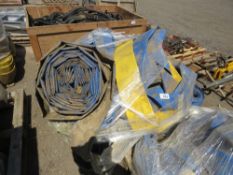 PALLET OF LARGE SIZED LAY FLAT WATER PUMP HOSES WITH SOME CONNECTIONS AND STRAINERS.
