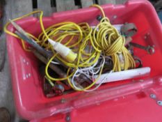 LARGE RED BIN CONTAINING TOOLS AND SUNDRIES.