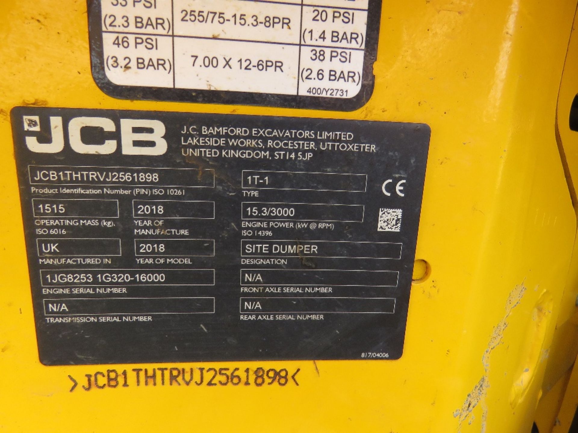 JCB 1T-1 HIGH TIP ONE TONNE DUMPER, YEAR 2018 BUILD. 112.2 RECORDED HOURS, KEY AND CERTIFICATE OF - Image 12 of 13