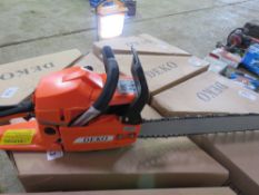 3 X DEKO PETROL ENGINED CHAINSAWS, IN BOXES, UNUSED. NO VAT ON HAMMER PRICE.