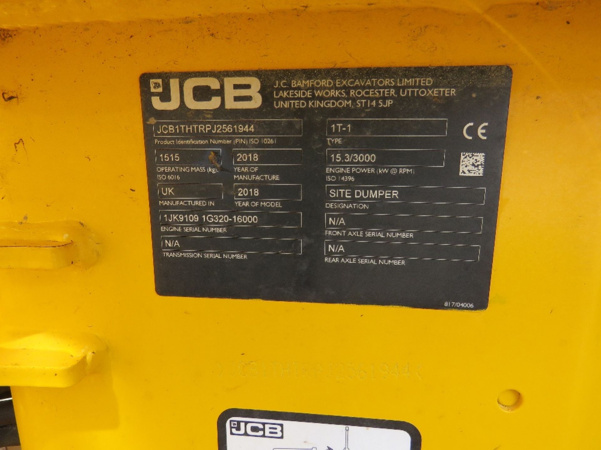 JCB 1T-1 HIGH TIP ONE TONNE DUMPER, YEAR 2018 BUILD. 265.9 RECORDED HOURS, KEY AND CERTIFICATE OF - Image 7 of 10