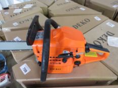 3 X DEKO PETROL ENGINED CHAINSAWS, IN BOXES, UNUSED. NO VAT ON HAMMER PRICE.