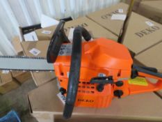 3 X DEKO PETROL ENGINED CHAINSAWS, IN BOXES, UNUSED. NO VAT ON HAMMER PRICE.