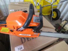 3 X DEKO PETROL ENGINED CHAINSAWS, IN BOXES, UNUSED. NO VAT ON HAMMER PRICE.