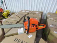 3 X DEKO PETROL ENGINED CHAINSAWS, IN BOXES, UNUSED. NO VAT ON HAMMER PRICE.