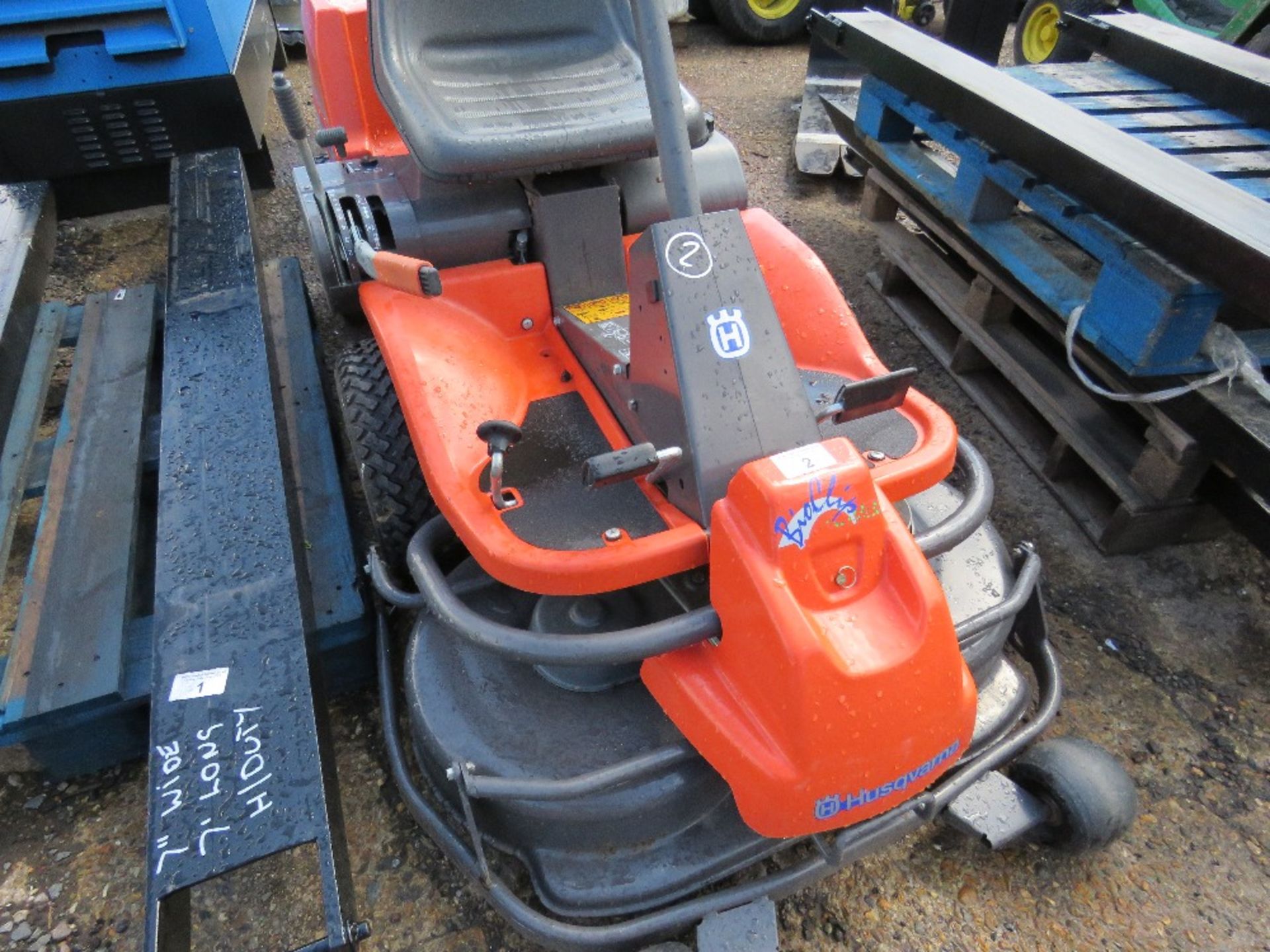 HUSQVARNA RIDER 13 OUT FRONT ROTARY RIDE ON MOWER. WHEN TESTED WAS SEEN TO START AND RUN AND DRIVE..