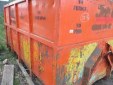 ORANGE HOOK LOADER WASTE BIN WITH BARN TYPE REAR DOORS. PREVIOUSLY USED ON 7.5 TONNE TRUCK. 12FT LEN