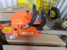 3 X DEKO PETROL ENGINED CHAINSAWS, IN BOXES, UNUSED. NO VAT ON HAMMER PRICE.