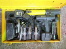 REMS BATTERY POWERED CABLE CRIMPING TOOL WITH 5 X ASSORTED HEADS. UNTESTED, CONDITION UNKNOWN.