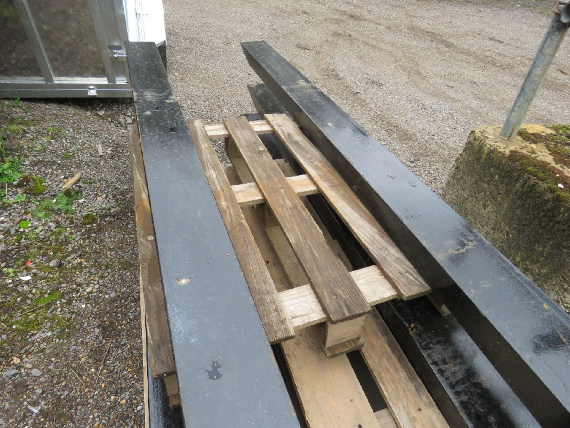 PAIR OF FORKLIFT EXTENSION TINES / SLEEVES 8FT WIDE X 6" WIDTH APPROX, WITH LOCKING PINS.