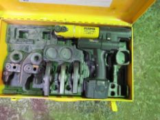 REMS BATTERY POWERED CABLE CRIMPING TOOL WITH 5 X ASSORTED HEADS. UNTESTED, CONDITION UNKNOWN.