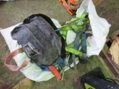 BAG OF ASSORTED SAFETY HARNESS AND RELATED ITEMS, UNTESTED.