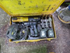 REMS BATTERY POWERED CABLE CRIMPING TOOL WITH 5 X ASSORTED HEADS. UNTESTED, CONDITION UNKNOWN.